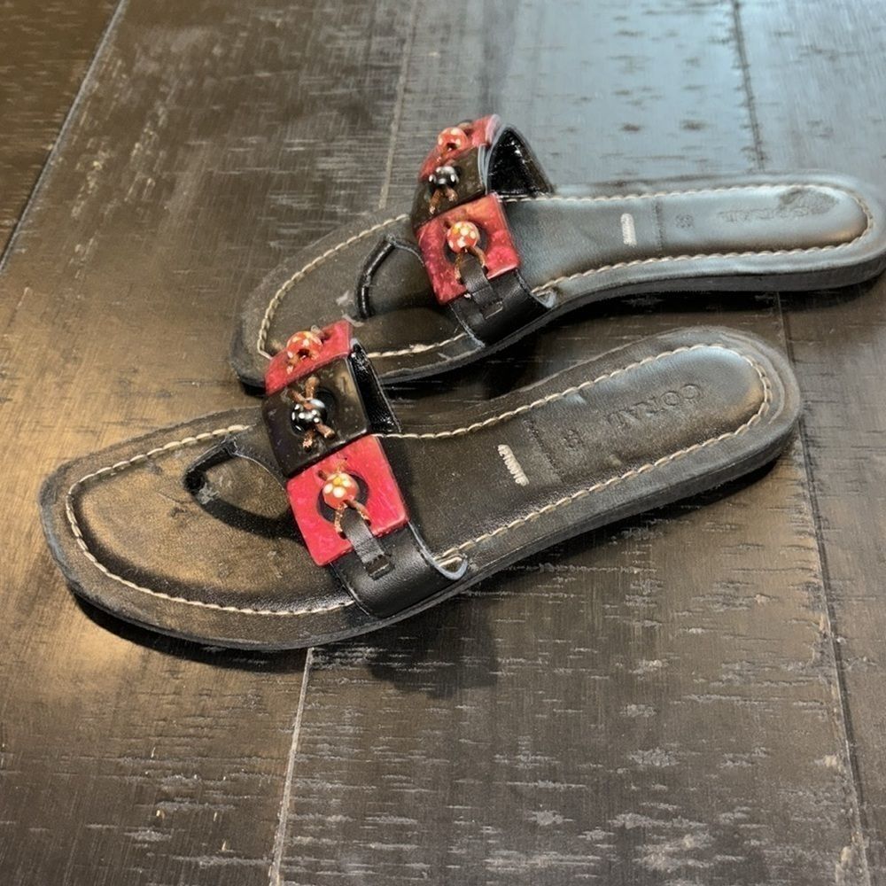 Coral Leather Wood Bead Summer Thong Sandals Size 6 - Picture 5 of 8